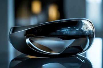 Sleek, futuristic AR glasses reflecting modern architecture, promising immersive experiences.
