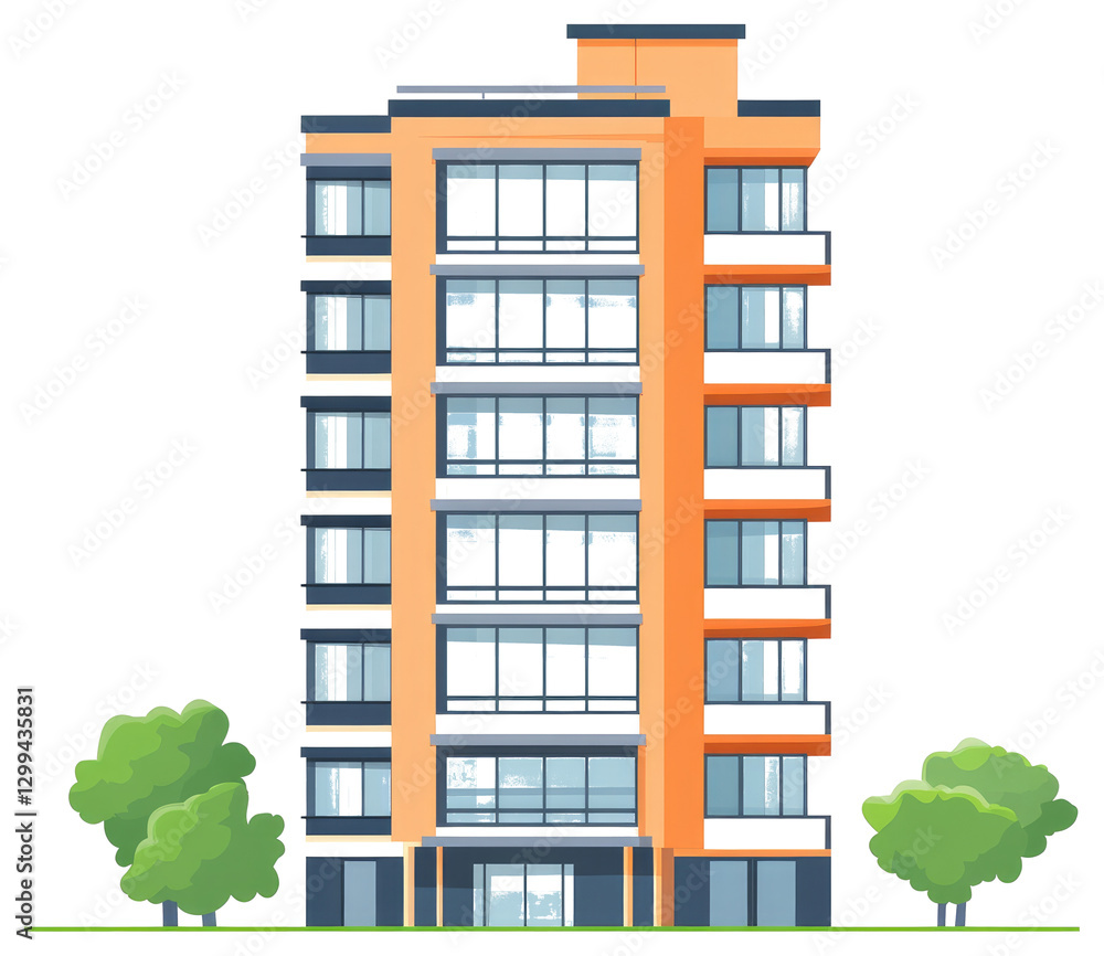 Poster an orange apartment building with multiple floors and windows