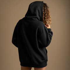 Woman Wearing Black Hoodie Showing Back on Neutral Background