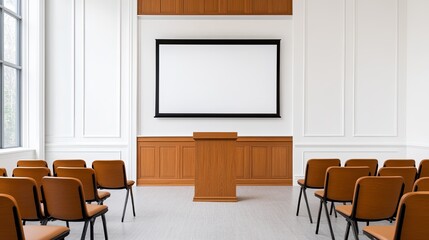 Modern conference room ready for a presentation with seating and blank screen.