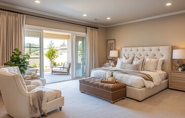 Modern Master Bedroom with Patio View. Interior Design. Possible Use Home Decor, Real Estate, Magazine