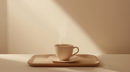 Warm coffee cup on wooden tray in sunlight.