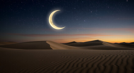Crescent Moon Rising Over Desert Dunes at Night with Stars