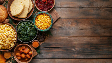 Naklejka premium Traditional thanksgiving sides on rustic wooden table featuring cornbread and cranberry sauce