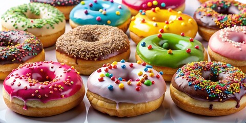 Assorted Delicious Donuts Isolated on White Background - Sweet Treats Bakery Food Photography