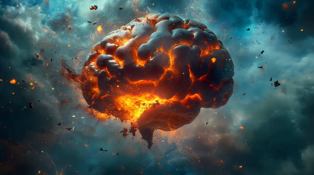 Concept art of a human brain exploding with knowledge and creativity. Chaos - Storm. Illustration