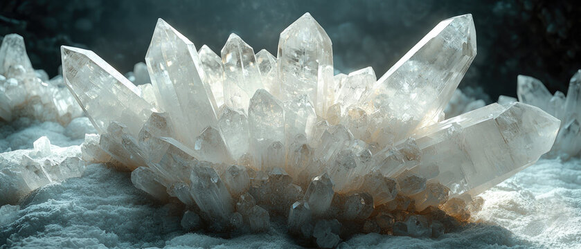 Stunning clear quartz crystal cluster with pointed prismatic formations rising from mineral matrix against dark background. Generative AI.