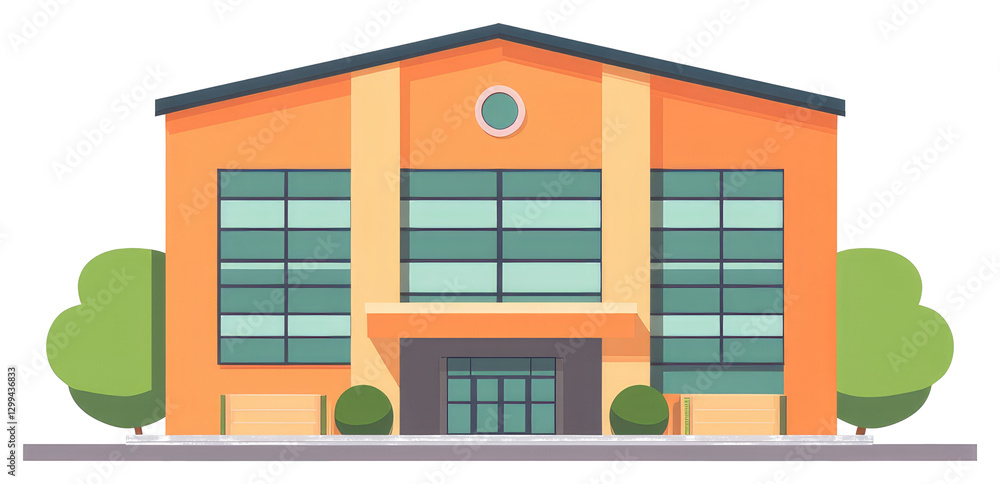 Poster an orange building with large windows and a green tree