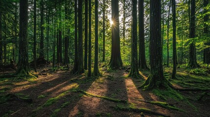 Obraz premium Sunlit forest with moss-covered trees and ground.