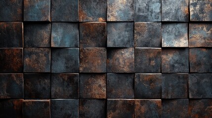 Textured metal cubes with rust and patina in geometric pattern