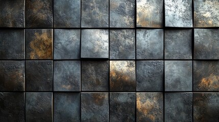 Rustic metallic textured pattern on square tiles with bronze and copper hues