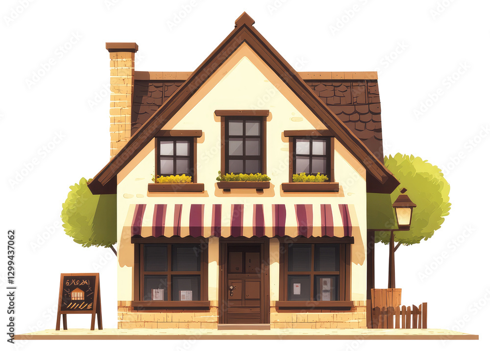 Poster an illustrated image of a quaint building with charm and character