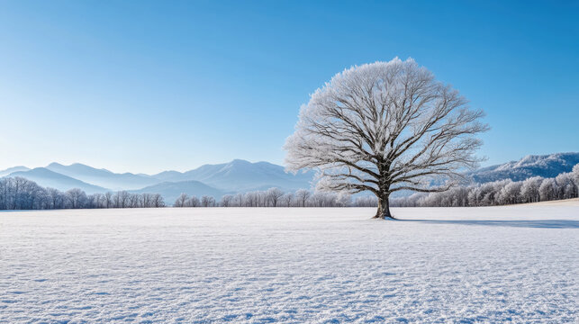 Serene winter landscape with a snow-covered tree in a vast open field