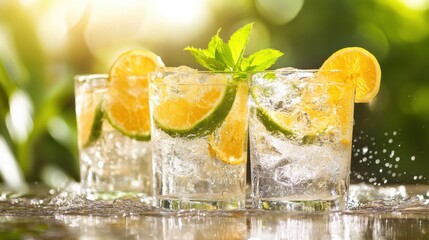 Refreshing summer drinks with citrus garnishes served in clear glasses under sunlight