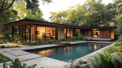 Obraz premium Modern mid-century house with pool surrounded by lush greenery and large windows