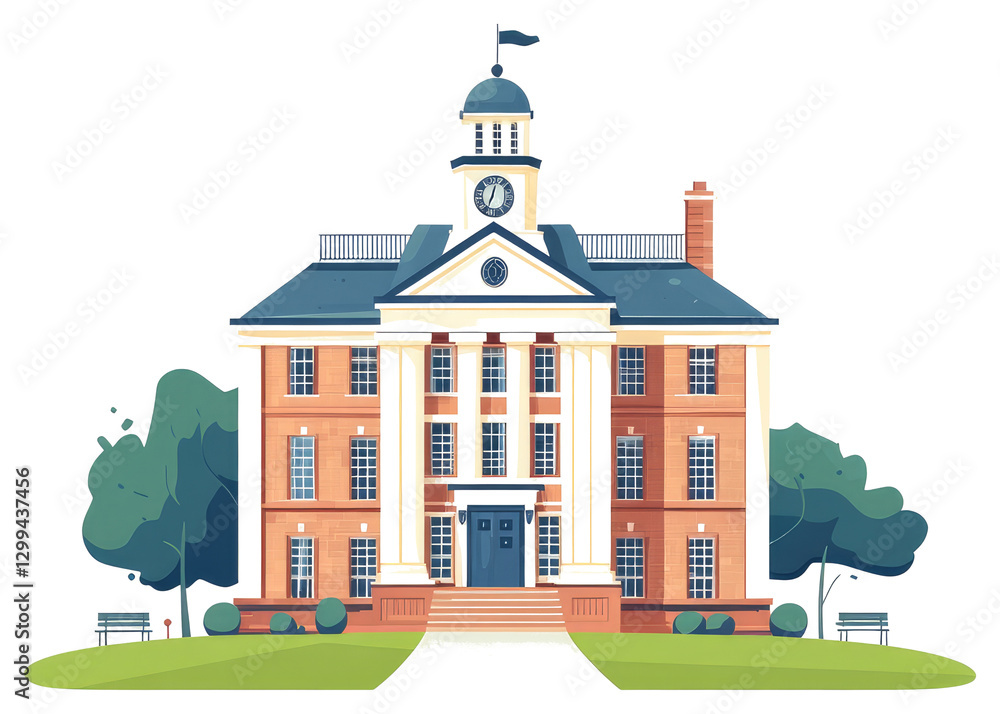 Poster a large classical building featuring a clock tower and trees