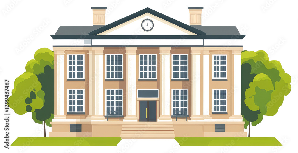 Poster a stately building facade with columns and surrounding trees