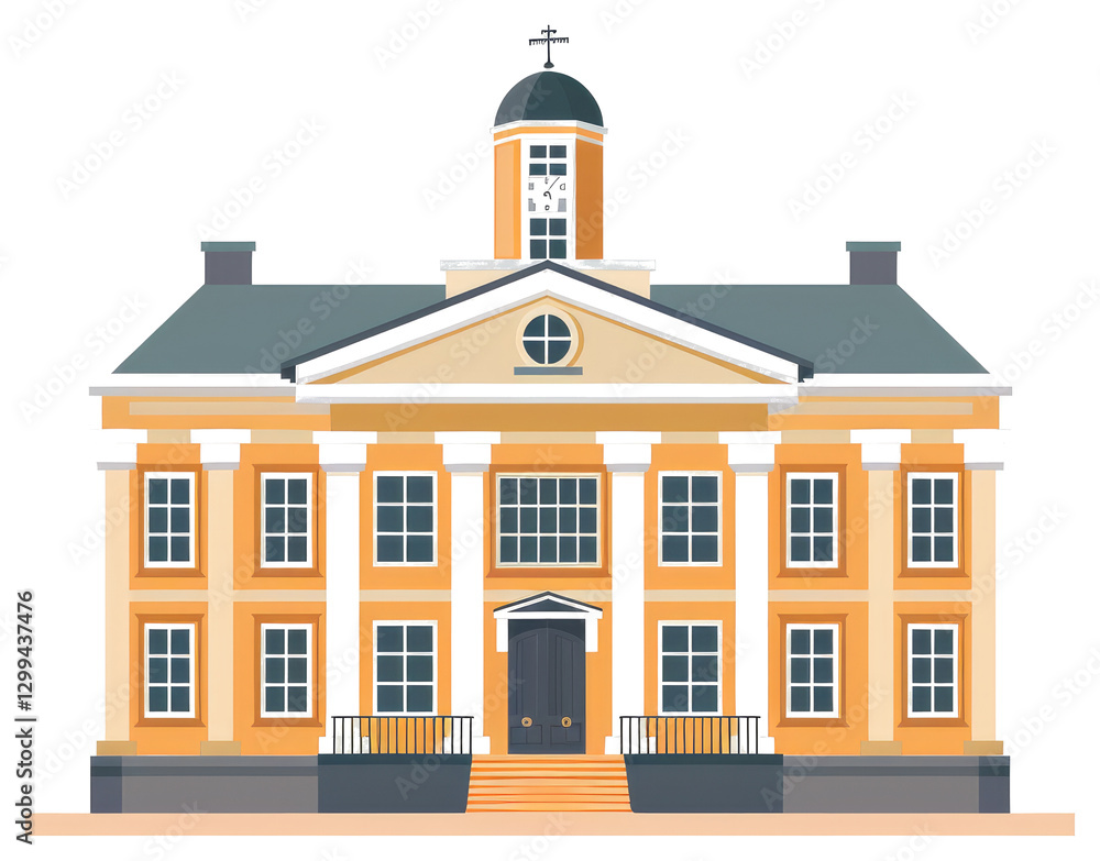 Poster a grand classical building with columns and a clock tower