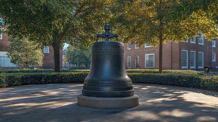 Historic liberty bell in peaceful park setting with trees and brick buildings