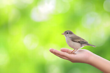 Fototapeta premium Gentle hand holding a small bird against a bright green natural background, symbolizing kindness, connection with nature, and harmony in a peaceful and serene moment