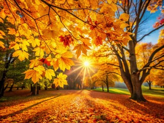 Naklejka premium Autumnal Canopy: Vibrant Yellow Leaves with High Depth of Field