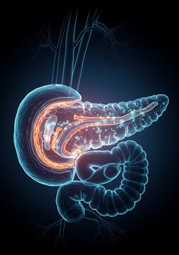 Human Digestive System Illustration Showing Pancreas and Intestines Anatomy