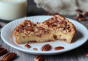 Pecan Pie Slices On White Plate With Pecan Halves
