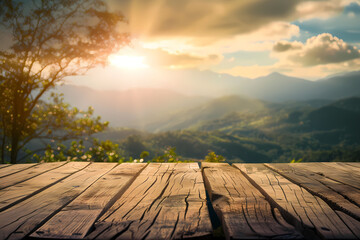 Fototapeta premium An empty wooden table with a view of the tea plantation and the mountains. A background for product placement or installation with an emphasis on the countertop.