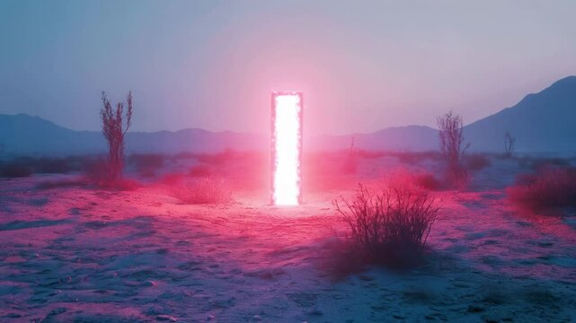 Glowing Portal in Desolate Landscape: A Surreal Sunset Scene