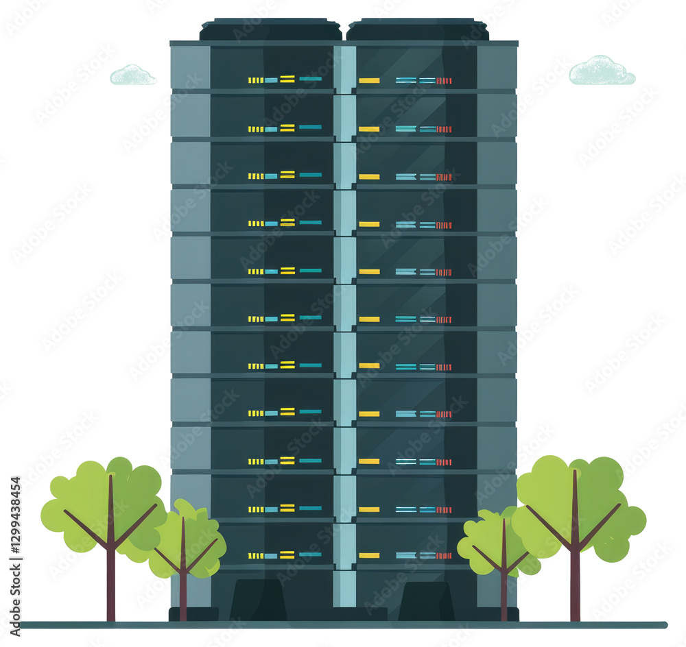 Poster a modern illustration of a data center with some trees and clouds