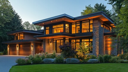 Fototapeta premium Modern luxury home with wooden exterior and large windows at dusk