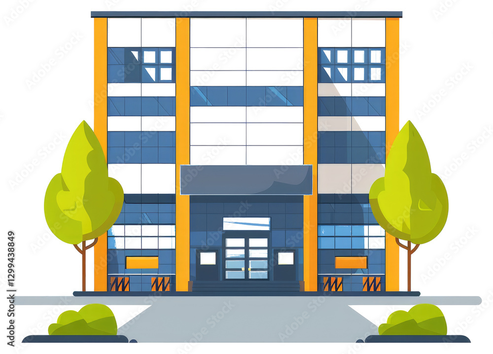 Poster a modern office building with trees and a minimalistic design