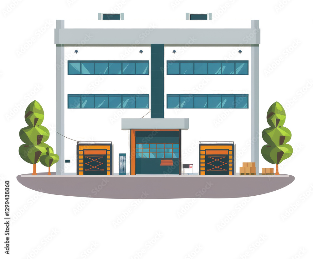 Poster a stylized modern warehouse building with loading docks and trees