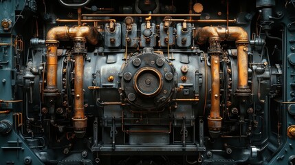 Detailed view of vintage industrial machinery with copper pipes and mechanical components