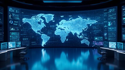 Global data visualization dashboard high-tech control room digital interface modern environment engaging perspective