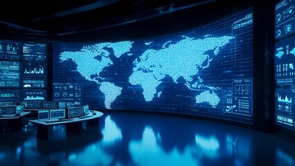 Data visualization insights global analytics room digital display modern office wide angle technology trends