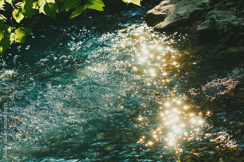 Poster sunlight glistens on a flowing stream, creating a magical, sparkling effect.