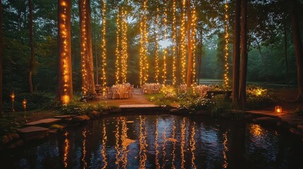 Obraz premium Enchanting forest wedding venue with string lights and pond reflection