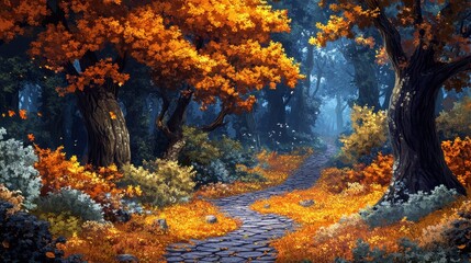 Enchanting autumn forest path with vibrant foliage and stone walkway