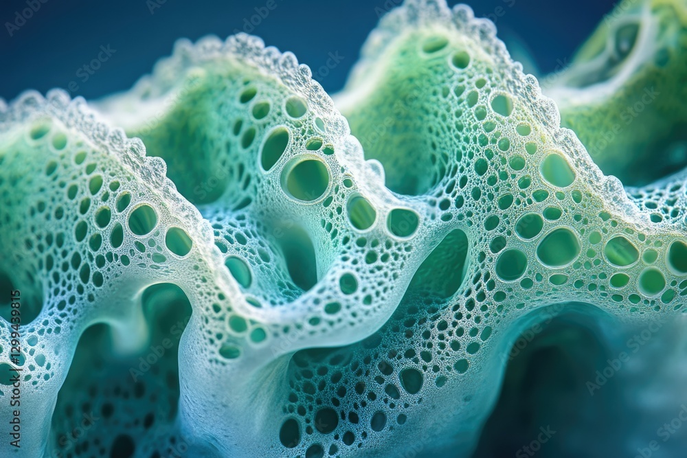 Poster abstract image of a porous, teal and white structure resembling a complex organic form or fractal pa
