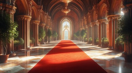 Obraz premium Grandiose palace corridor with red carpet and ornate chandeliers in sunlit atmosphere
