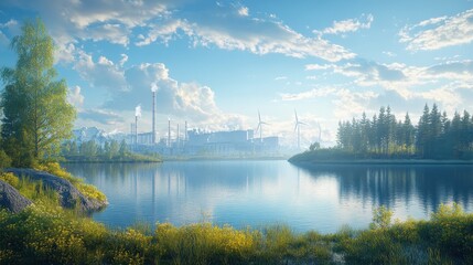 Naklejka premium Industrial landscape with factory and wind turbines by a serene lake at sunset