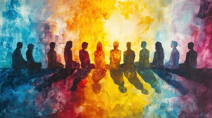 Colorful silhouettes of diverse people in contemplation with vibrant background