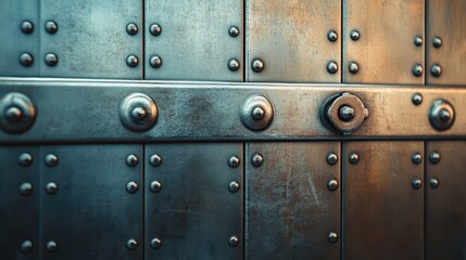 Fototapeta premium Aged metallic door with rivets and knobs in industrial design