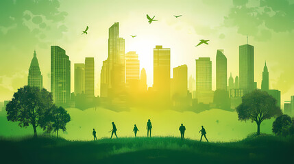 Vibrant showcase of green jobs fair with focus on careers in technology. Evolution - City. Illustration