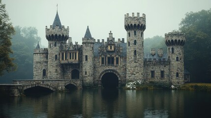 Obraz premium Enchanting medieval stone castle by misty lake in a forest setting