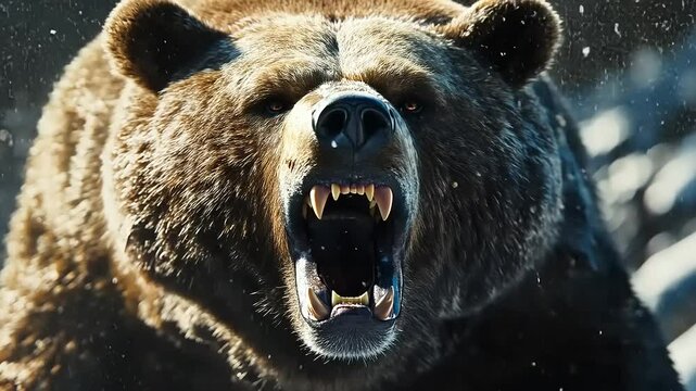 Majestic grizzly bear roaring fiercely in a snowy wilderness, surrounded by rugged mountains