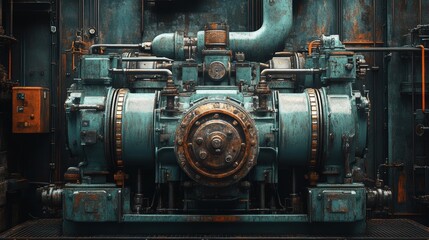 Rustic industrial machine with turquoise and orange details in factory setting
