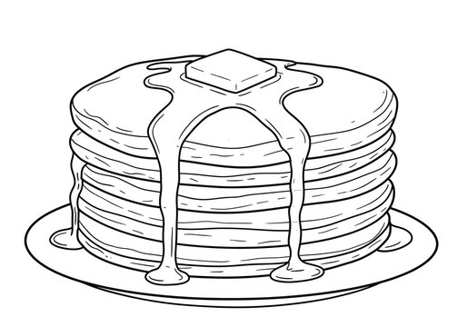 Black and white fluffy pancake stack with butter and dripping syrup