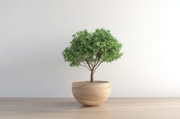 Small Bonsai Tree in Wooden Pot Against White Wall